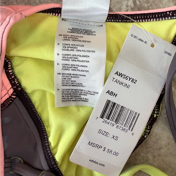 NWT Adidas Well Suited Halter Adjustable Tankini Swimsuit, Grey, Pink Yellow, XS - Picture 5 of 7